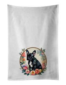 Black French Bulldog and Flowers Kitchen Towel Set of 2 White Dish Towels Decorative Bathroom Hand towel for Hand, Face, Hair, Yoga, Tea, Dishclo