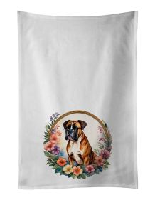 Boxer and Flowers Kitchen Towel Set of 2 White Dish Towels Decorative Bathroom Hand towel for Hand, Face, Hair, Yoga, Tea, Dishcloth, 19 X 28", W